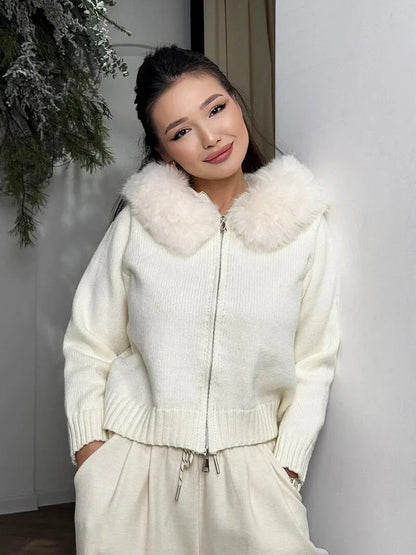 Women's Winter Jacket Grey Hood Faux Fur