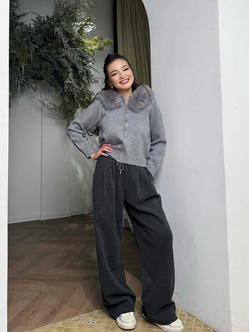 Kapuzenjacke Grau Kunstpelz Winterwarm - IdealeKleiden