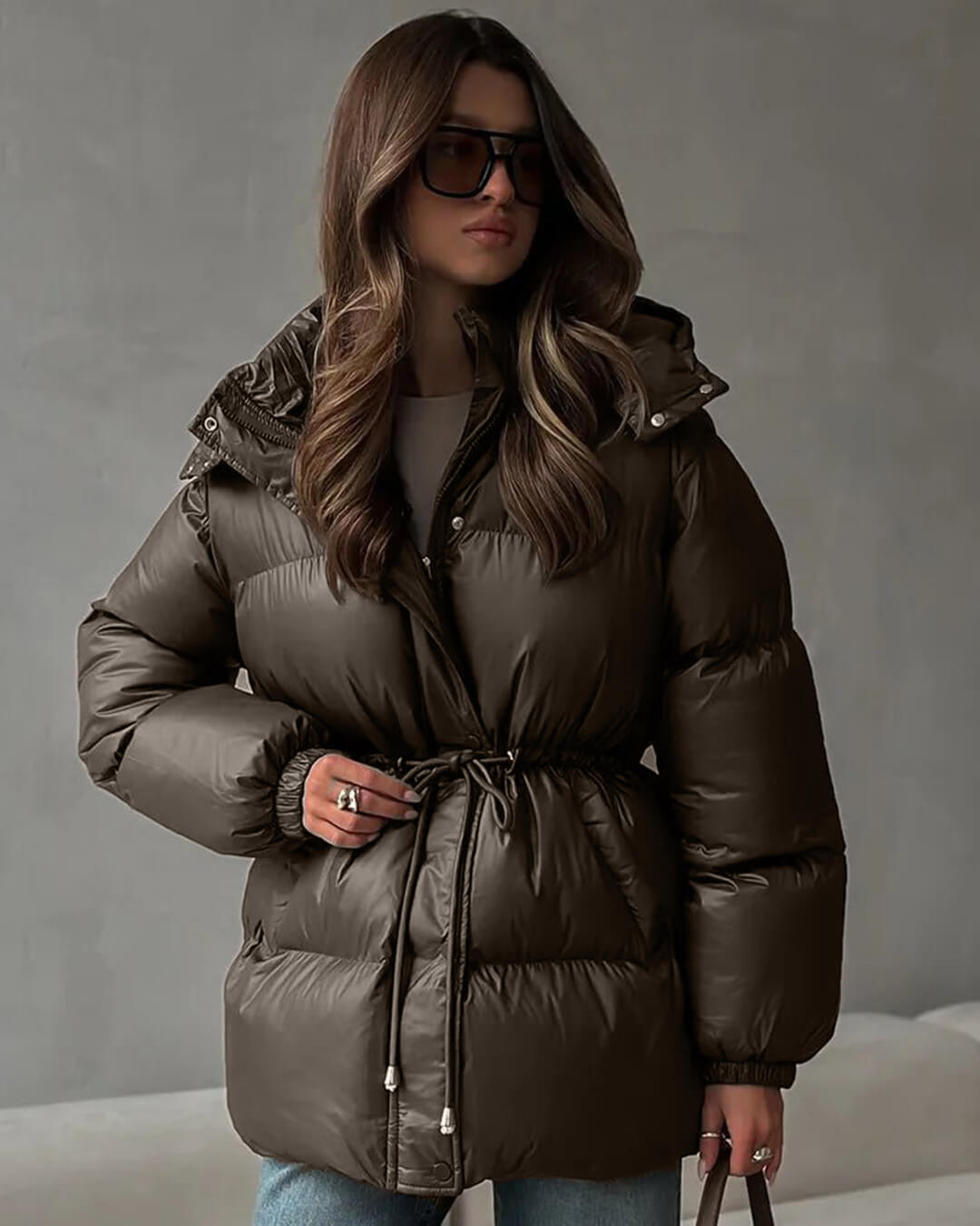 Women's Winter Puffer Jacket with Drawstring, Shiny Finish