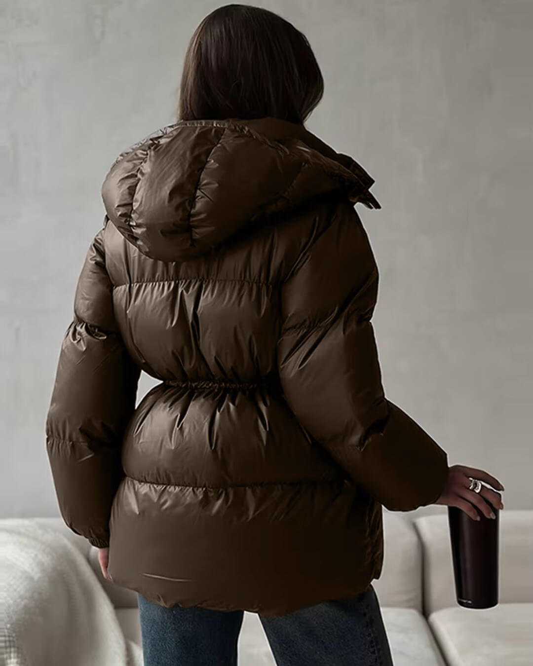 Women's Winter Puffer Jacket with Drawstring, Shiny Finish