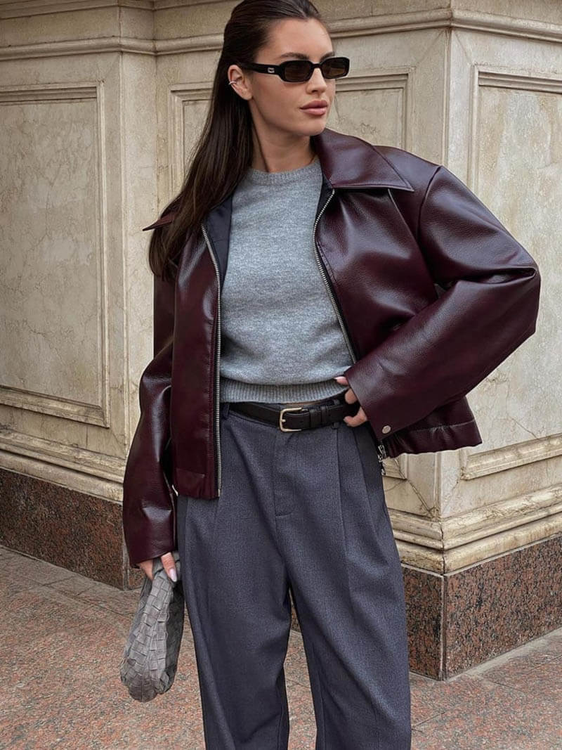 Stylische Lederjacke Damen Schwarz Lederoberfläche - IdealeKleiden