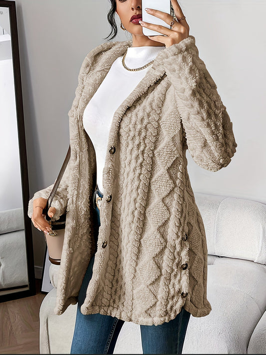 Damen Teddyjacke Warm Kapuze Knopf - IdealeKleiden