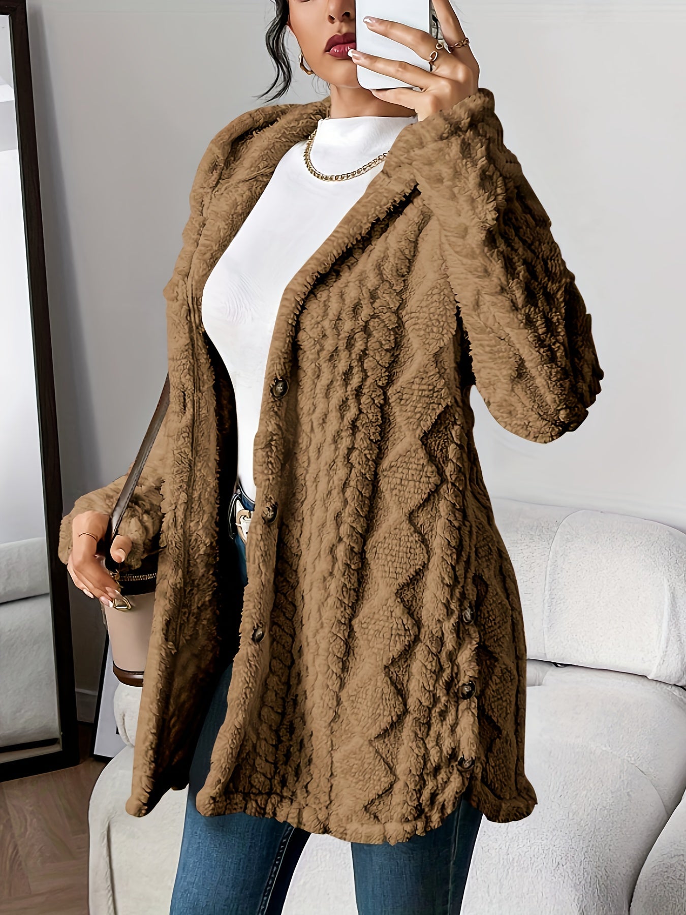 Women's Warm Teddy Jacket with Hood and Buttons