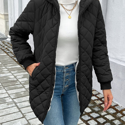 Women's Warm Puffer Jacket with Zipper and Faux Fur