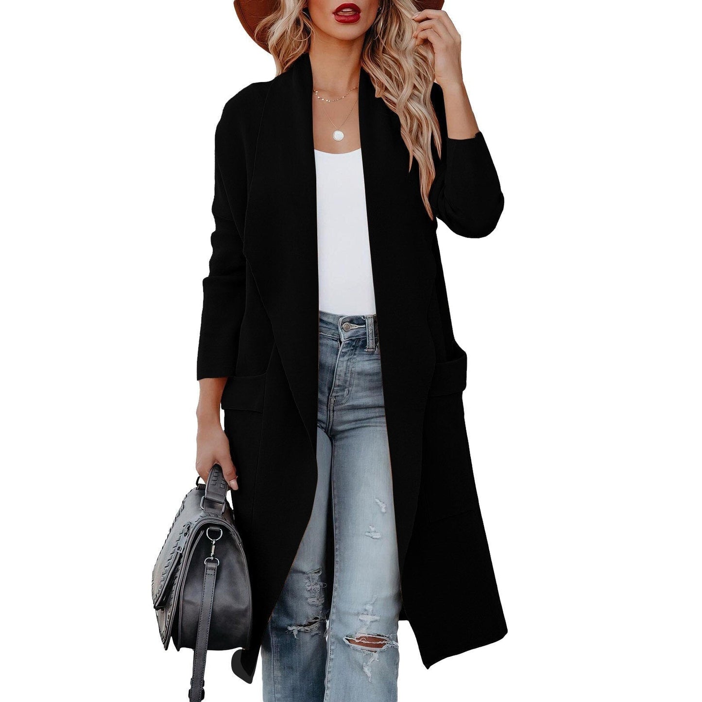 Women's Long Open-Front Cardigan with Pockets