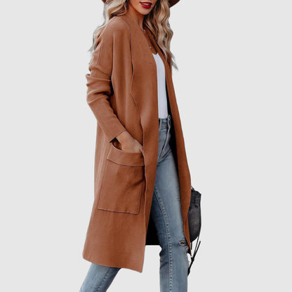 Damen Cardigan Lange Offene Vorderseite Mit Taschen - IdealeKleiden