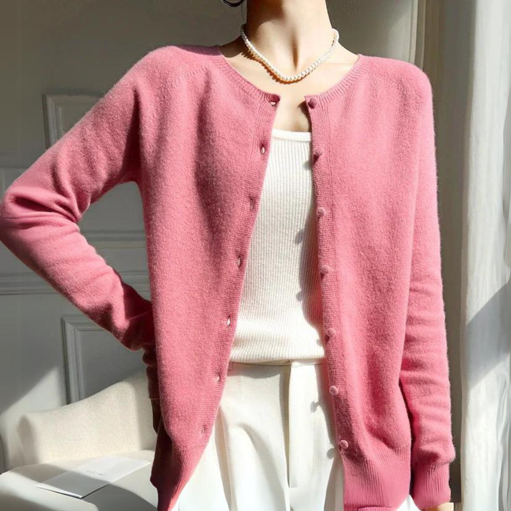 Damen Cardigan Pastell Rosa Rundhals - IdealeKleiden
