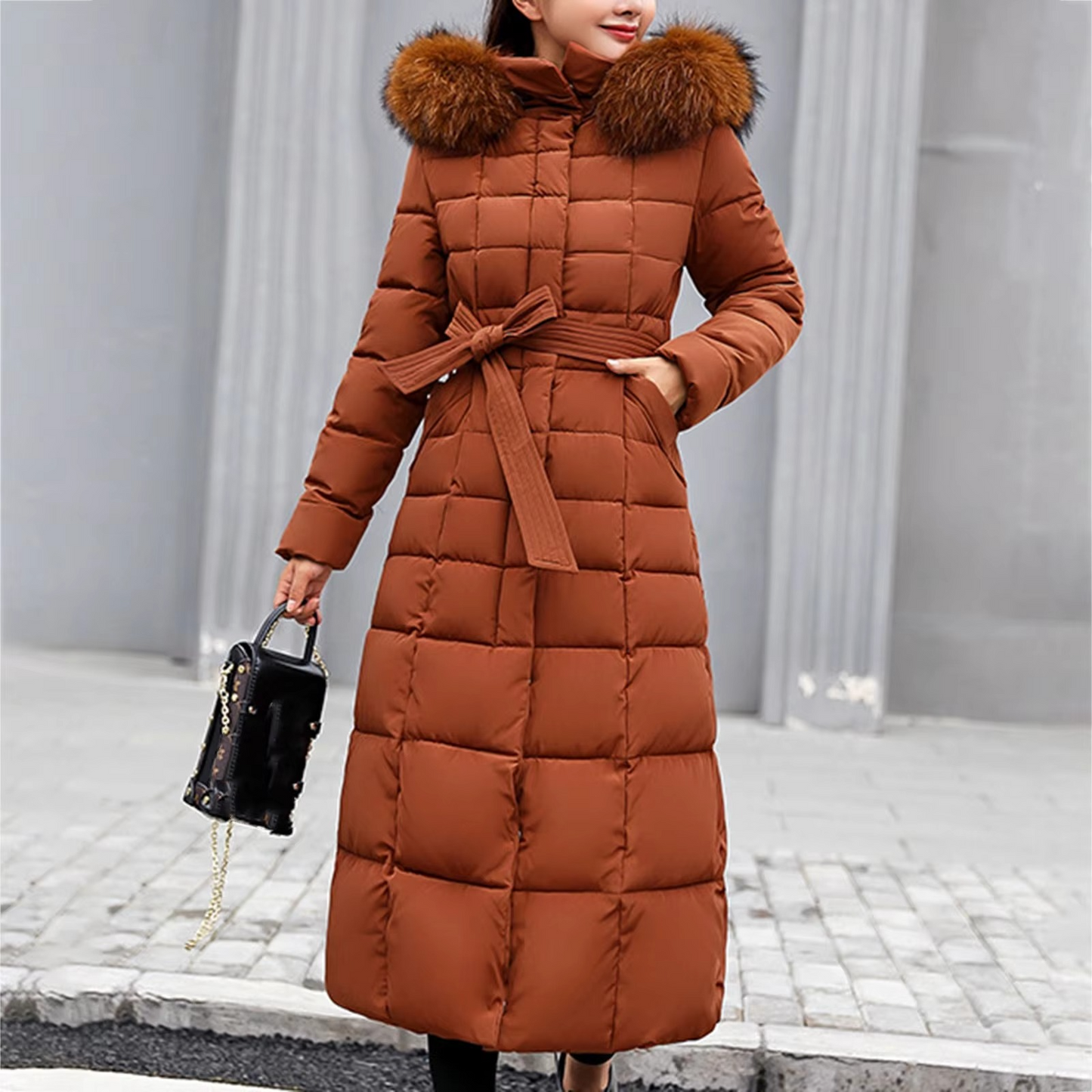 Women's Long Elegant Winter Jacket with Fur Detail