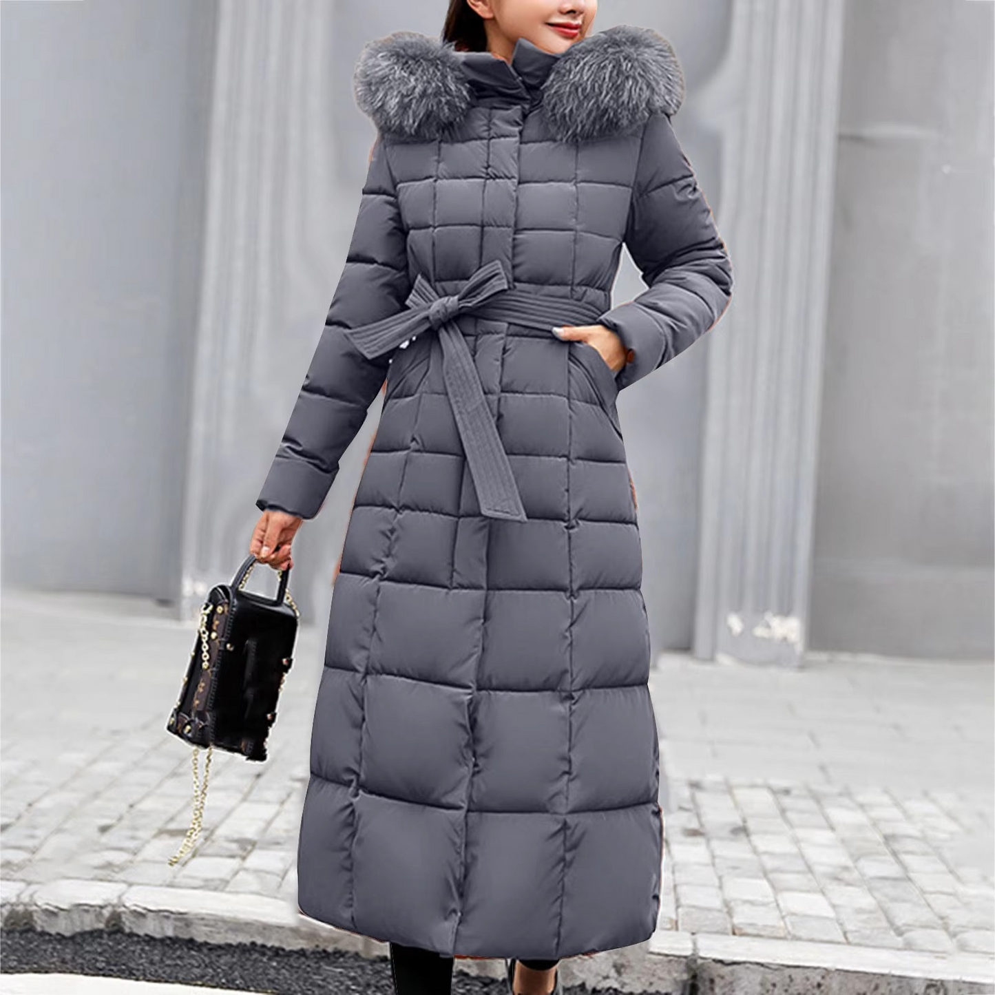 Women's Long Elegant Winter Jacket with Fur Detail