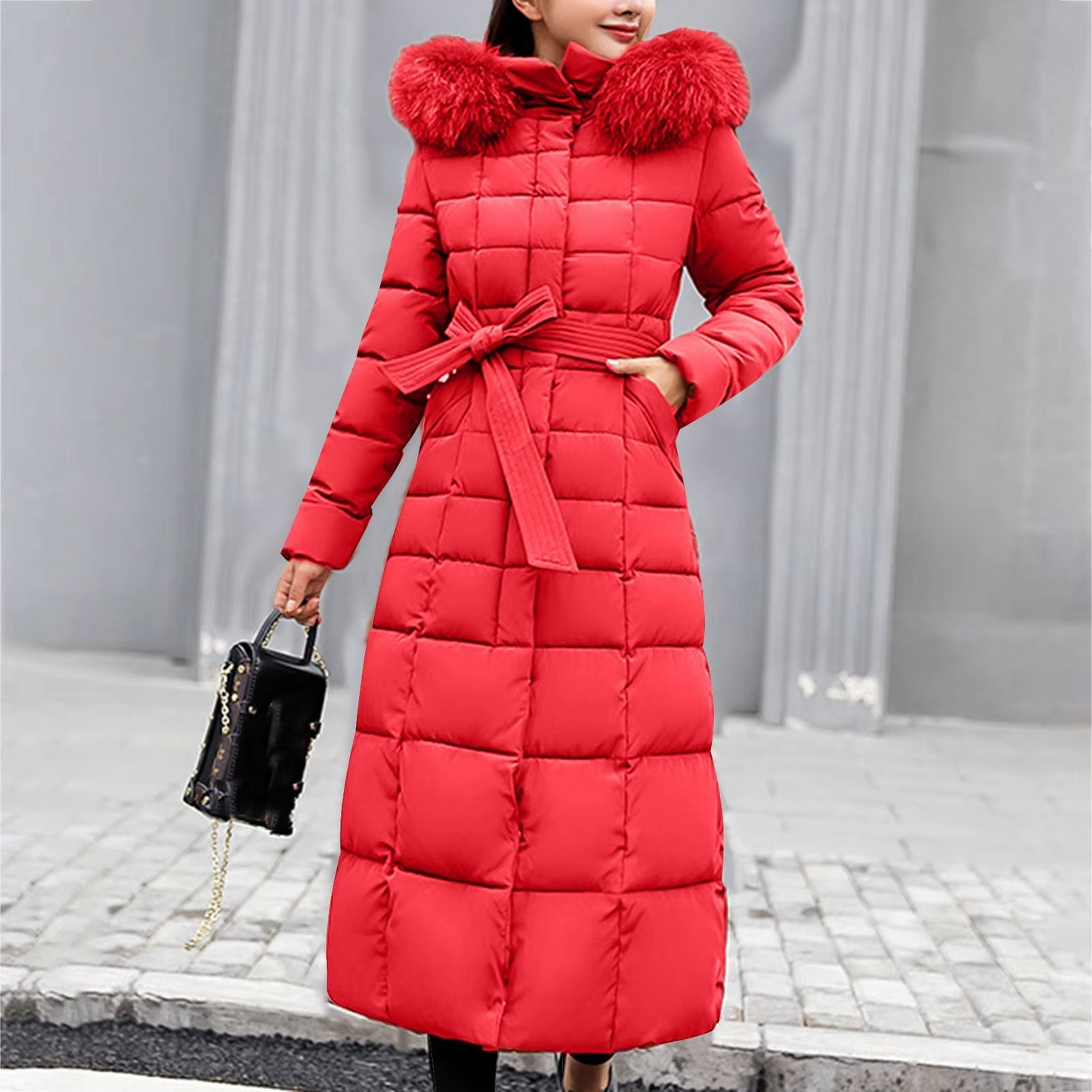 Women's Long Elegant Winter Jacket with Fur Detail