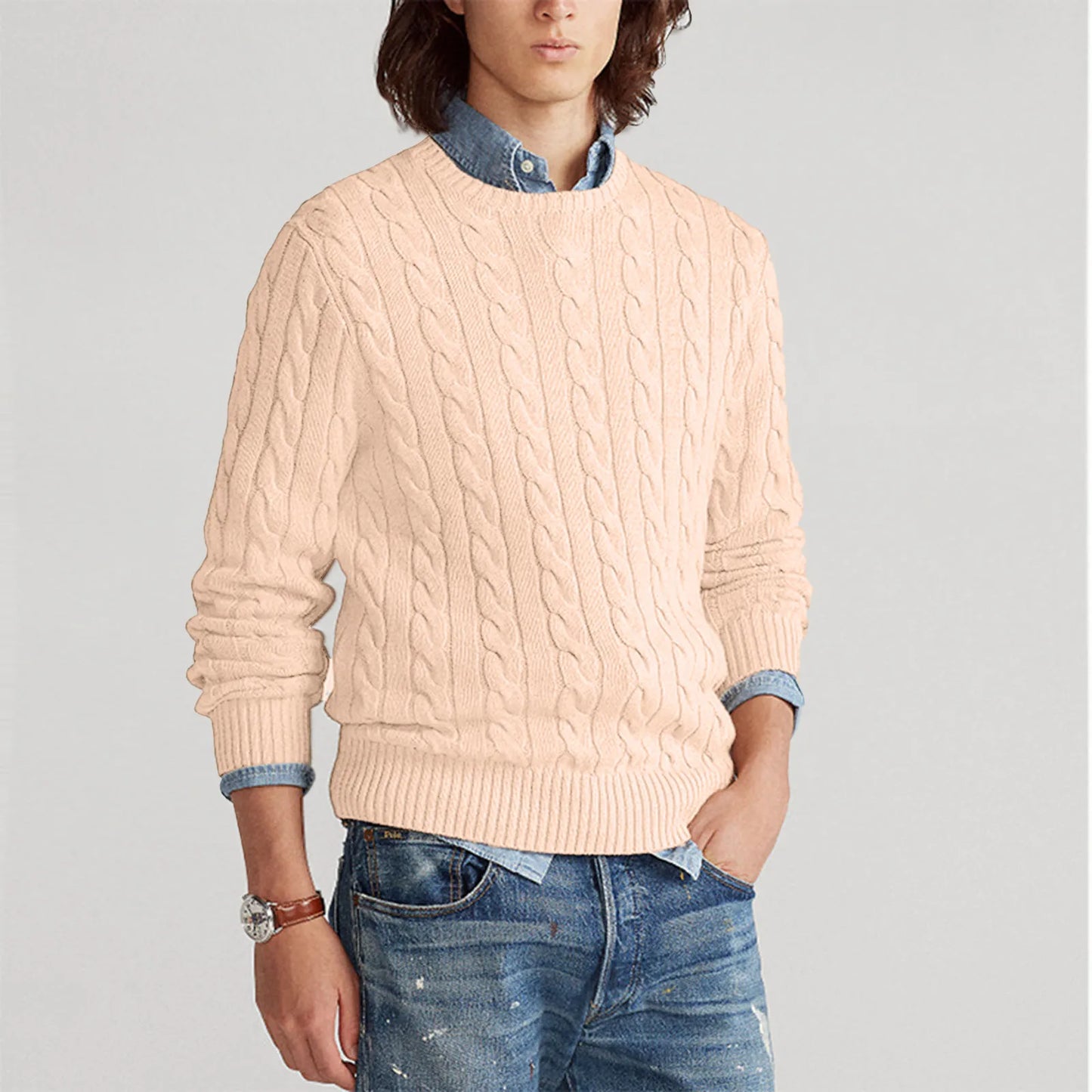 Men's Cable Knit Round Neck Sweater
