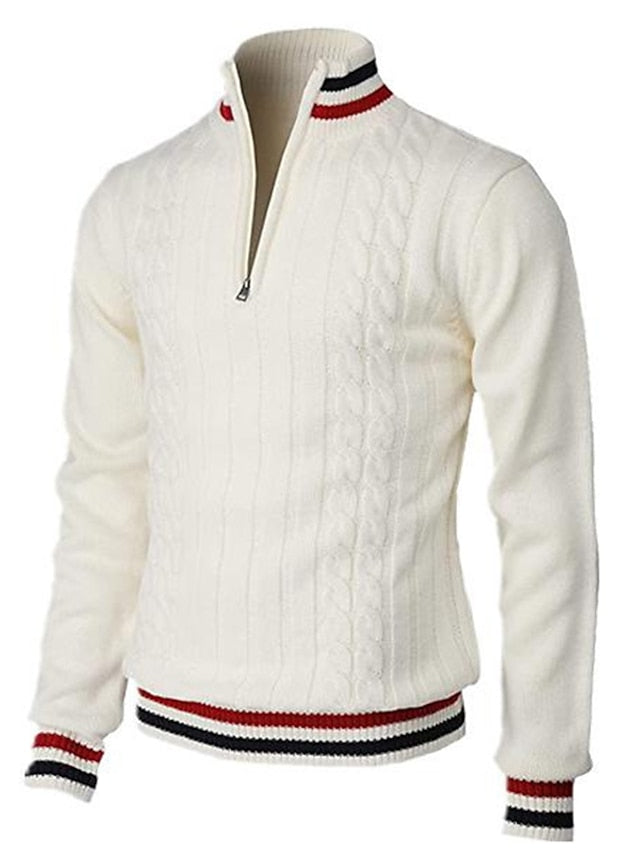 Strickpullover Zopfmuster Stehkragen Halfzip - IdealeKleiden