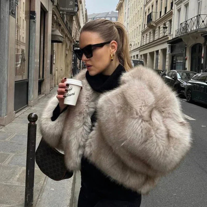 Fashionable Faux Fur Jacket Black Grey