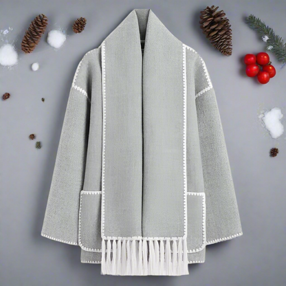 Women's Loose Fit Wool Coat Button Closure with Decorative Stitching and Scarf