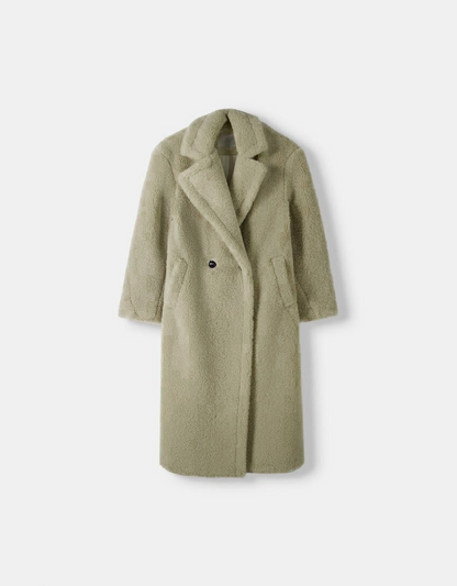 Women's Long Teddy Jacket Leather-Look Lapel Collar