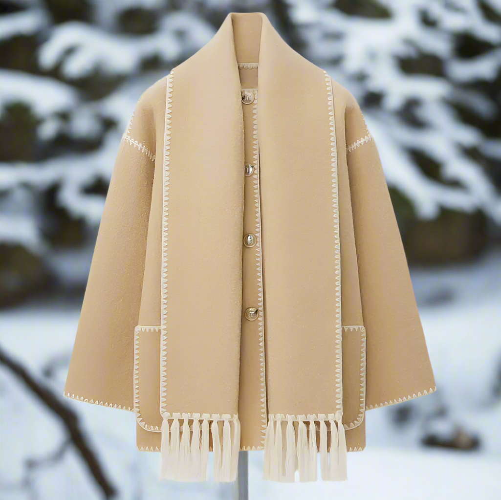 Women's Loose Fit Wool Coat Button Closure with Decorative Stitching and Scarf