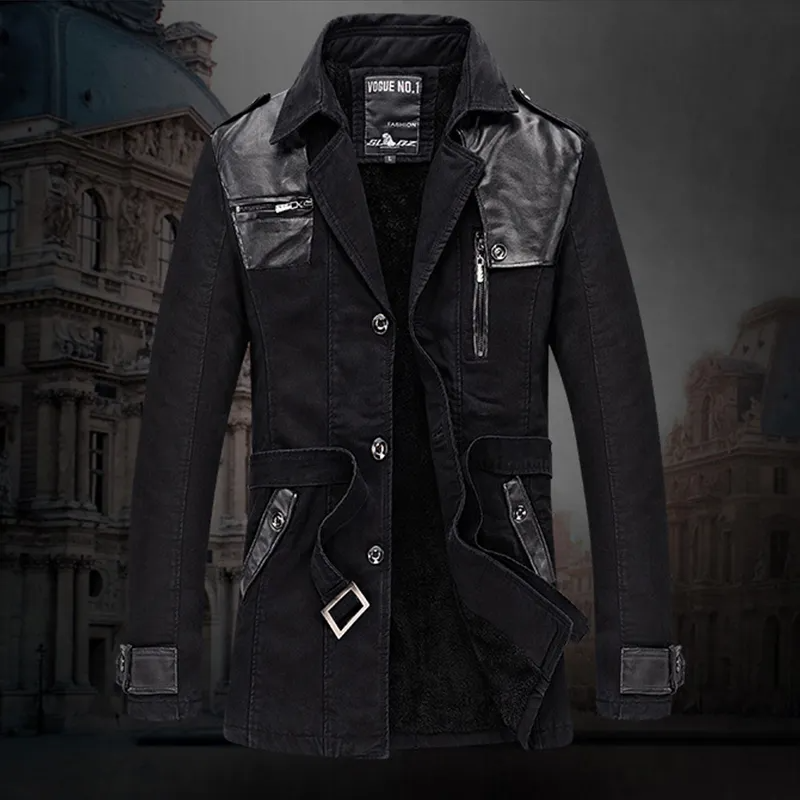 Men's Trench Coat Warm Fleece Black