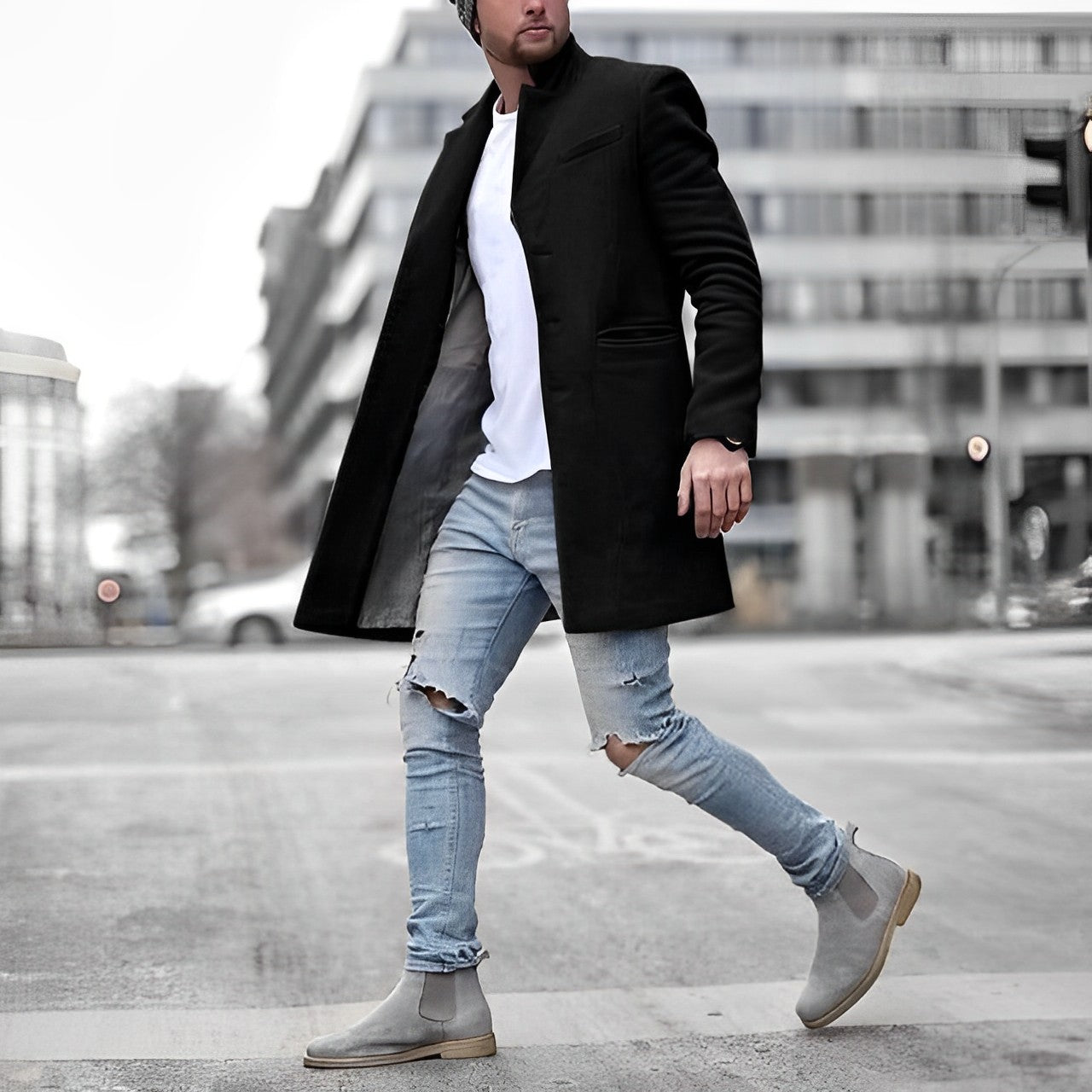 Men's Long Black Elegant Overcoat