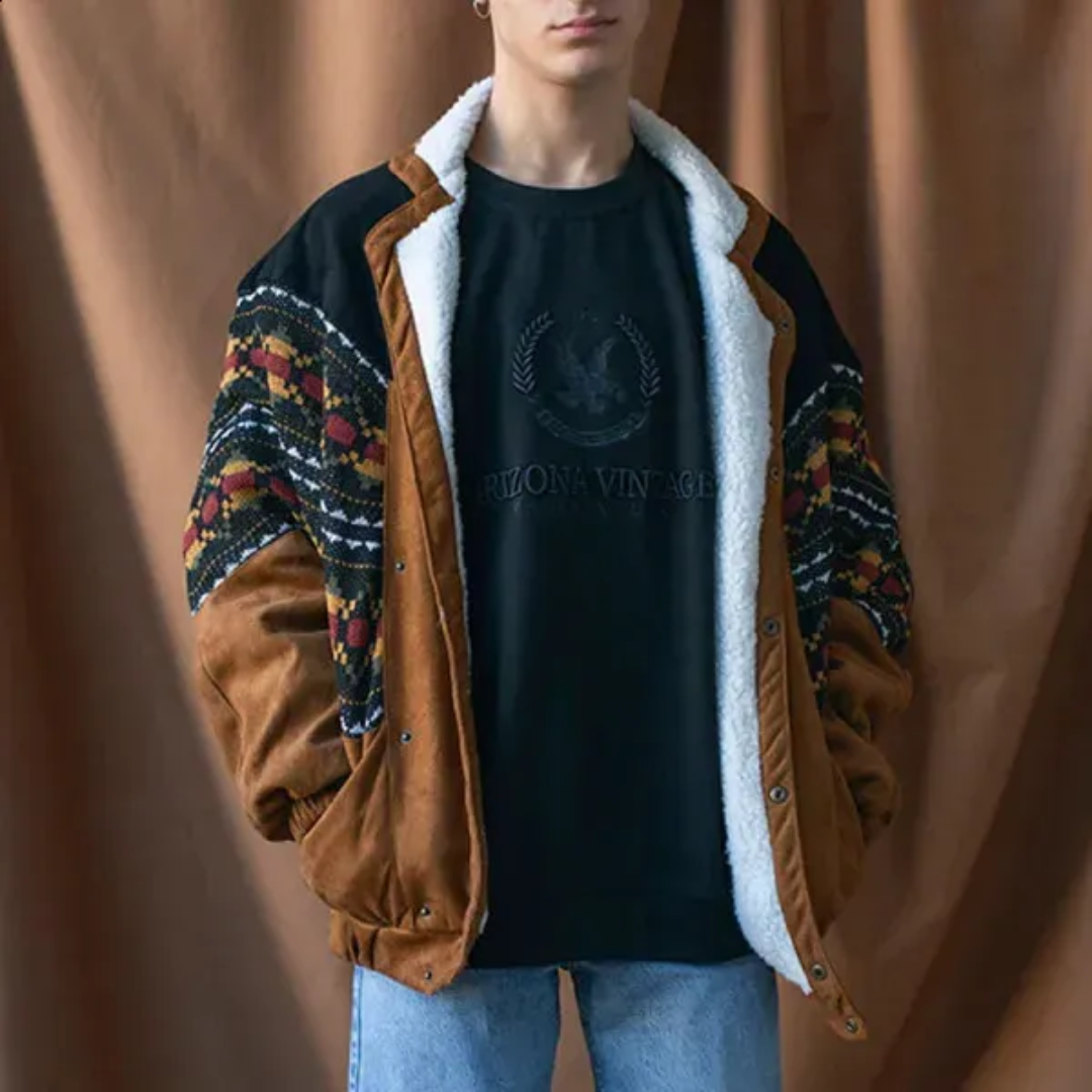 Men's Large Winter Jacket Brown Fleece Retro Style