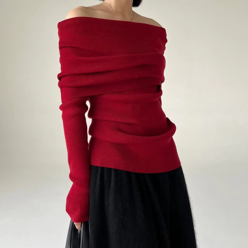 Off-Shoulder Strickpullover Damen Elegantes Design - IdealeKleiden