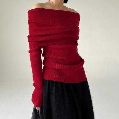 Off-Shoulder Strickpullover Damen Elegantes Design - IdealeKleiden