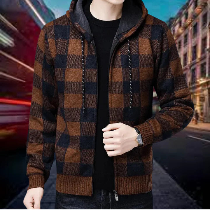 Herren Strickjacke Karo Kapuze Qualität - IdealeKleiden