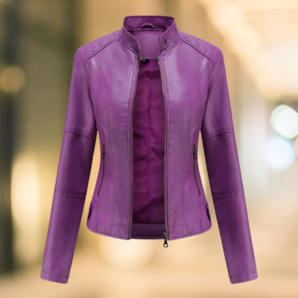 Leather Jacket Slim Fit Stand-up Collar Zipper Hip Length → Leather Jacket Women Slim Fit Stand-up Collar