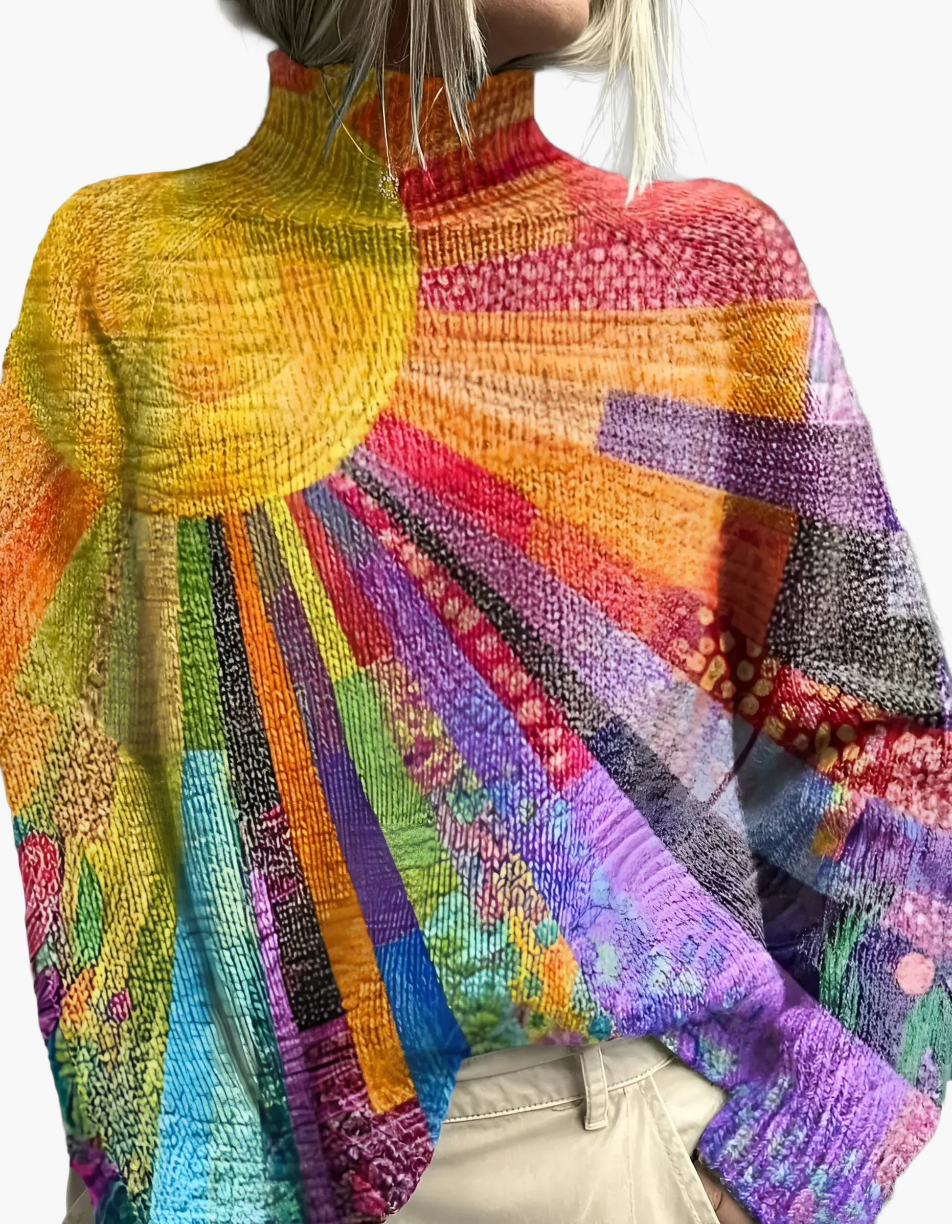 Boho Strickpullover Rollkragen Casual Stil - IdealeKleiden