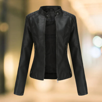 Leather Jacket Slim Fit Stand-up Collar Zipper Hip Length → Leather Jacket Women Slim Fit Stand-up Collar