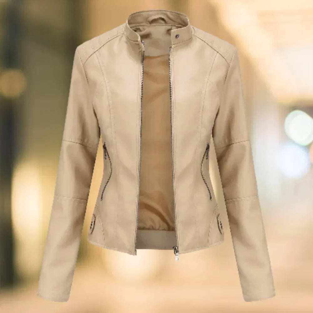 Leather Jacket Slim Fit Stand-up Collar Zipper Hip Length → Leather Jacket Women Slim Fit Stand-up Collar