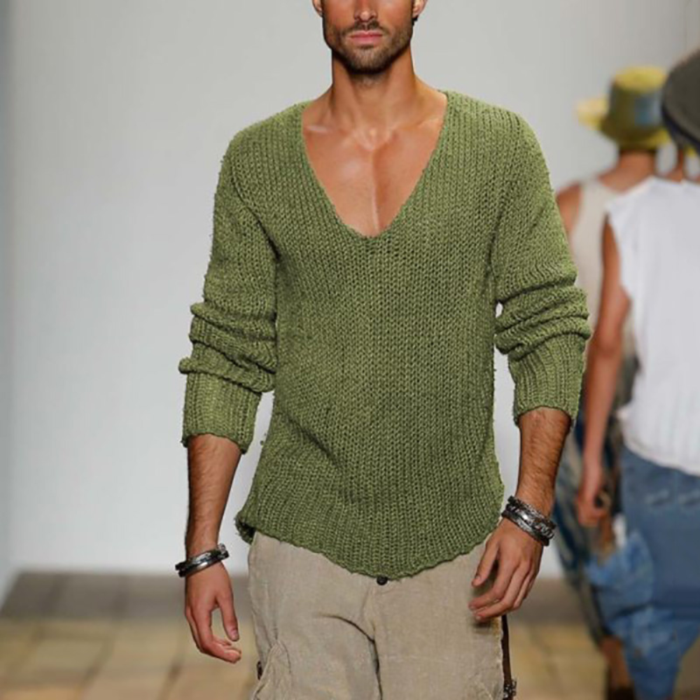 Men's V-Neck Long Sleeve Summer Knit Sweater