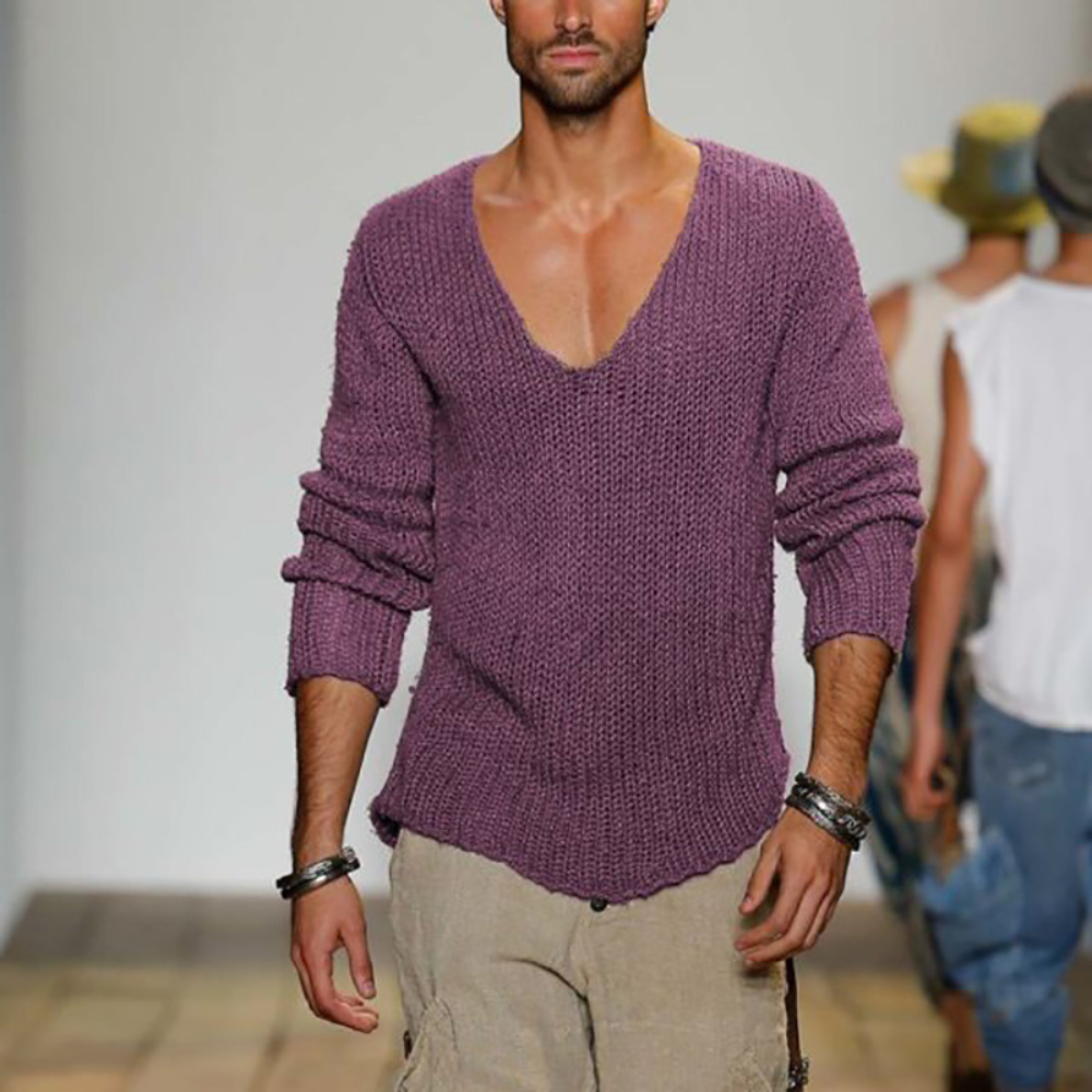Men's V-Neck Long Sleeve Summer Knit Sweater