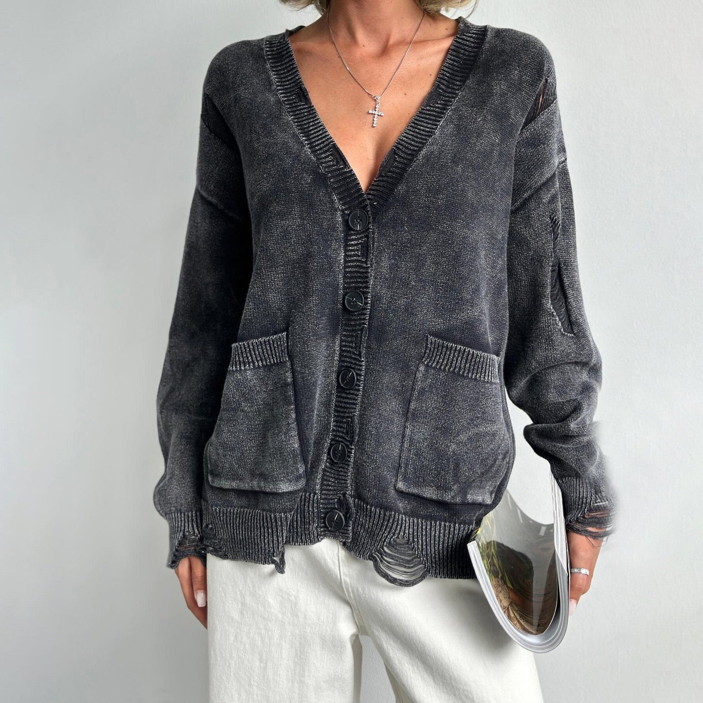 Women's Cotton V-Neck Sweater with Pockets