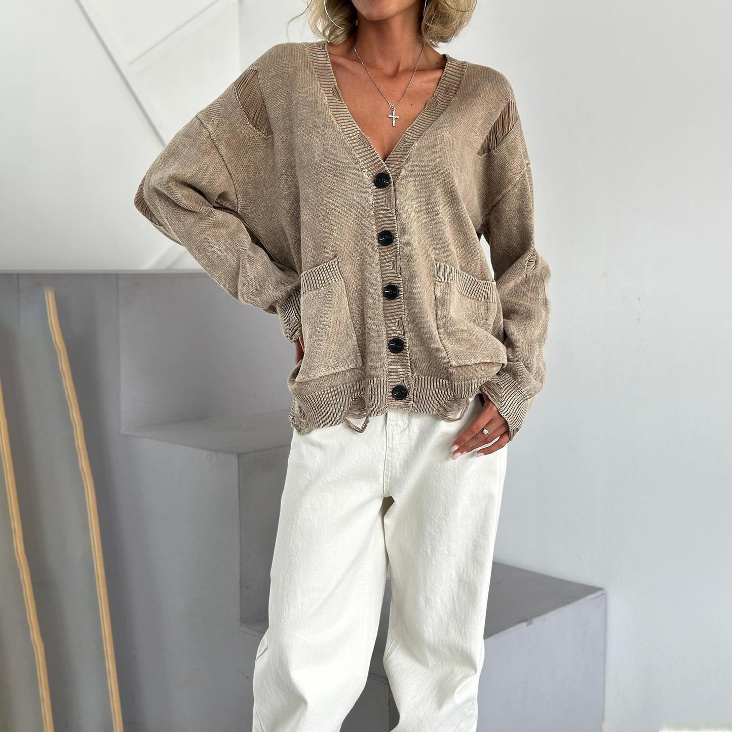 Women's Cotton V-Neck Sweater with Pockets