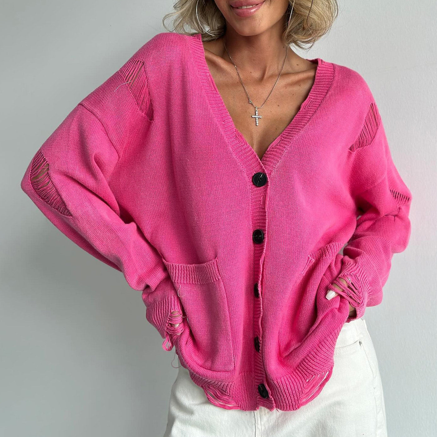 Women's Cotton V-Neck Sweater with Pockets