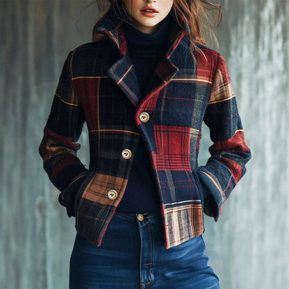 Checked Short Coat for Women, Wool Blend