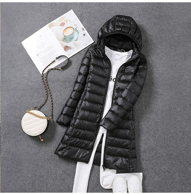 Women's Long Elegant Winter Down Jacket with Hood