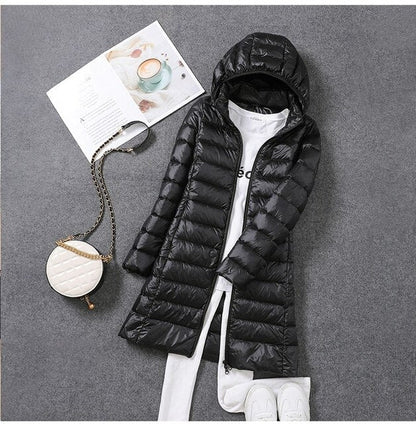 Women's Long Elegant Winter Down Jacket with Hood