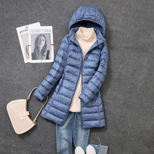 Women's Long Elegant Winter Down Jacket with Hood