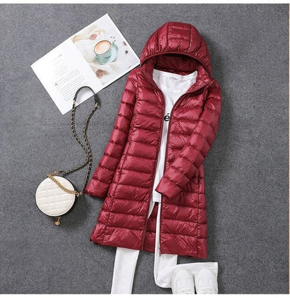 Women's Long Elegant Winter Down Jacket with Hood