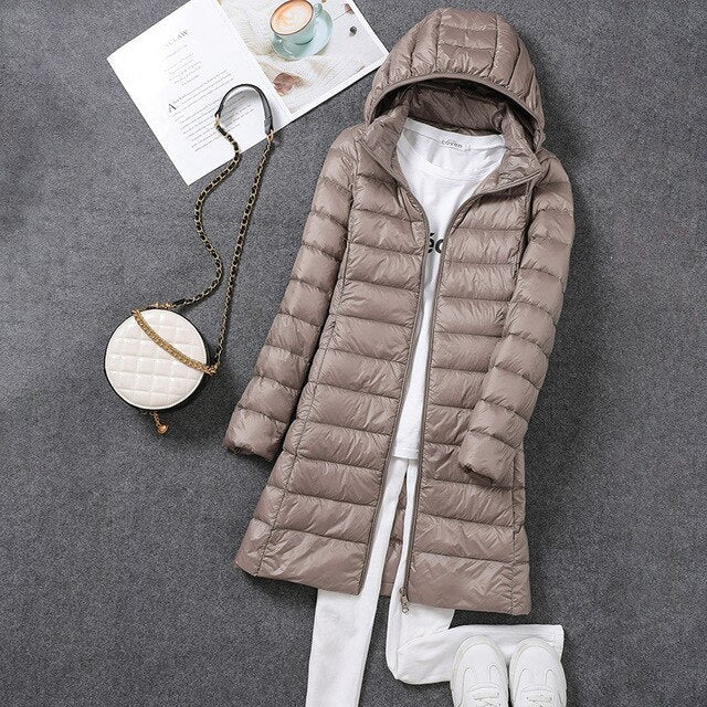 Women's Long Elegant Winter Down Jacket with Hood