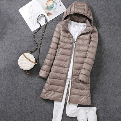 Women's Long Elegant Winter Down Jacket with Hood