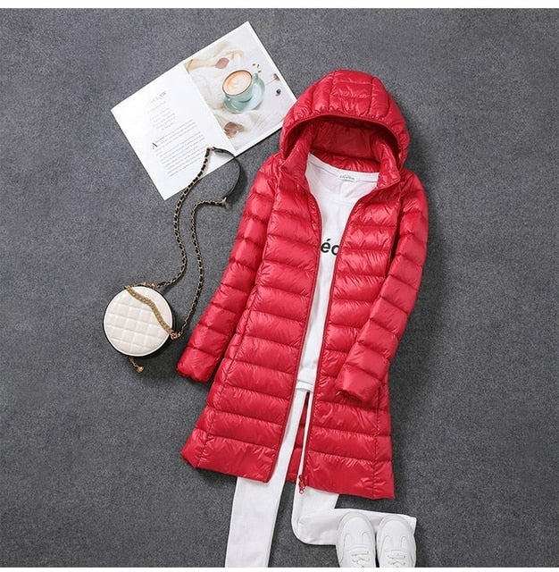 Women's Long Elegant Winter Down Jacket with Hood