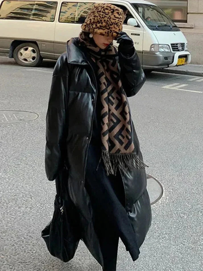 Women's Long Leather Puffer Jacket with Belt