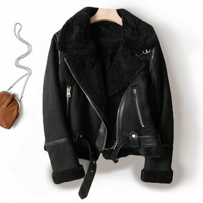 Women's Leather Jacket Faux Fur Biker Style Belt