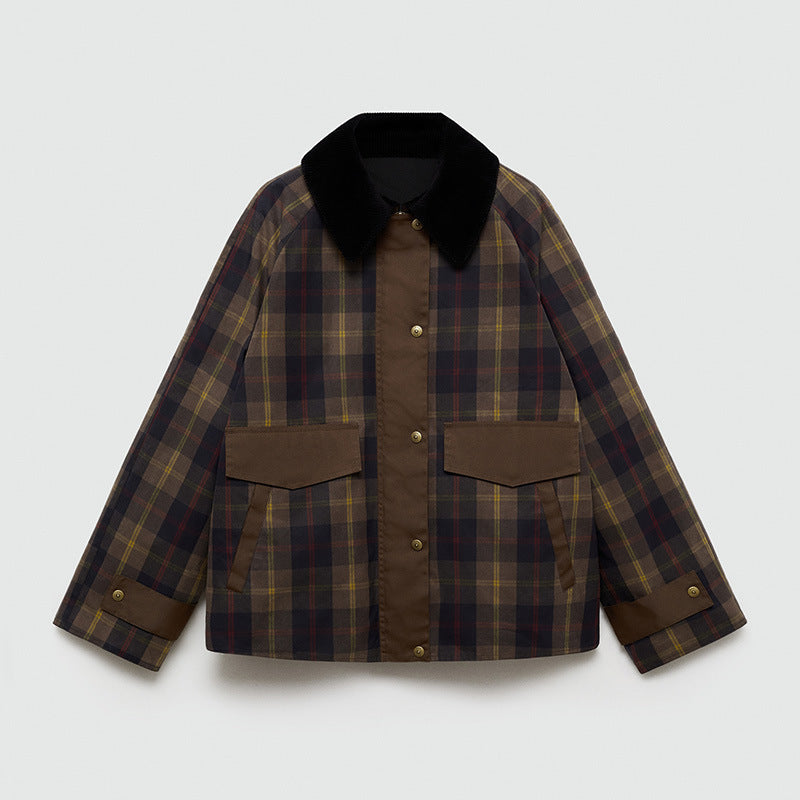 Women's Plaid Winter Jacket Soft with Fur Collar and XXL Pockets