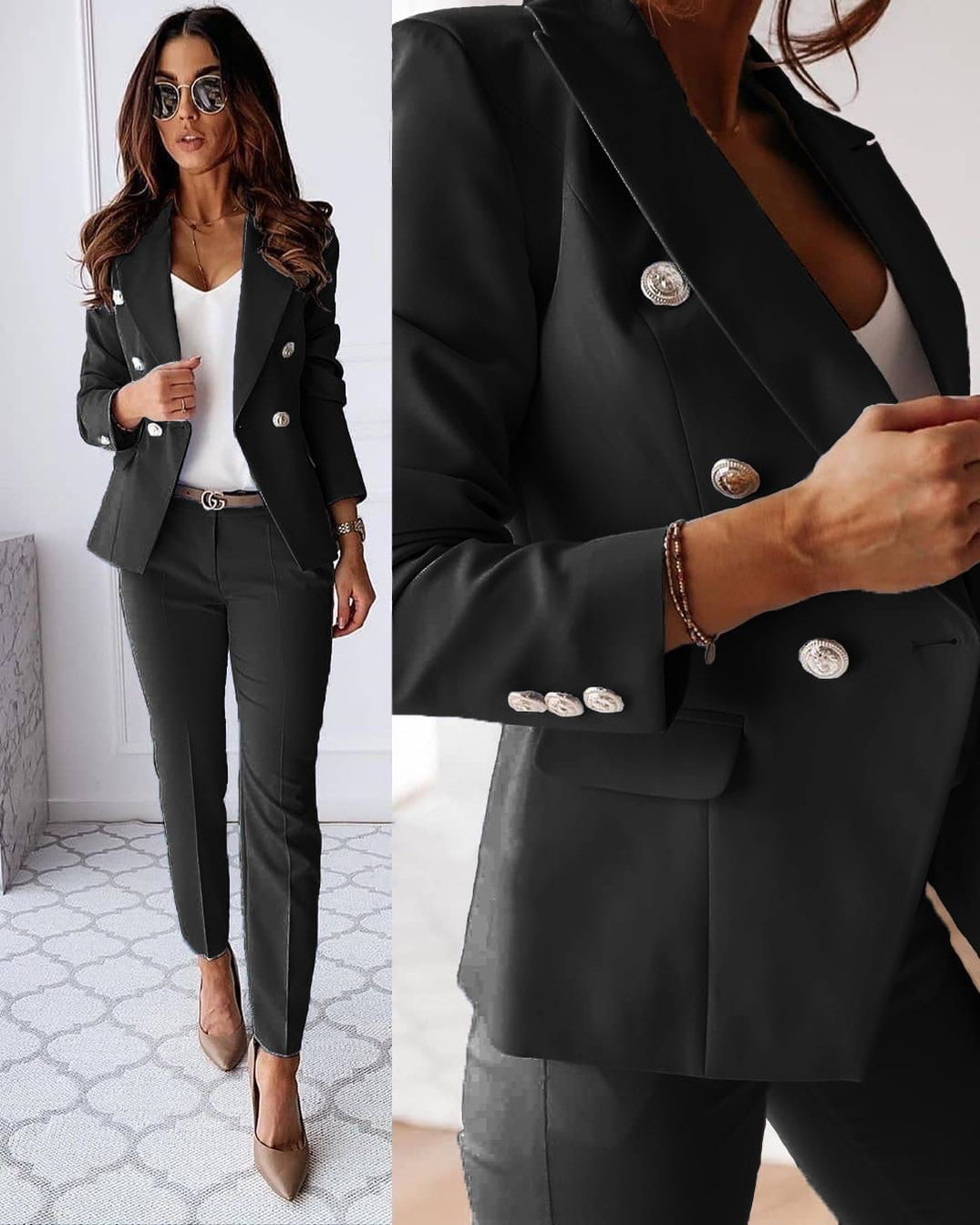 Elegant women's suit with blazer and trousers