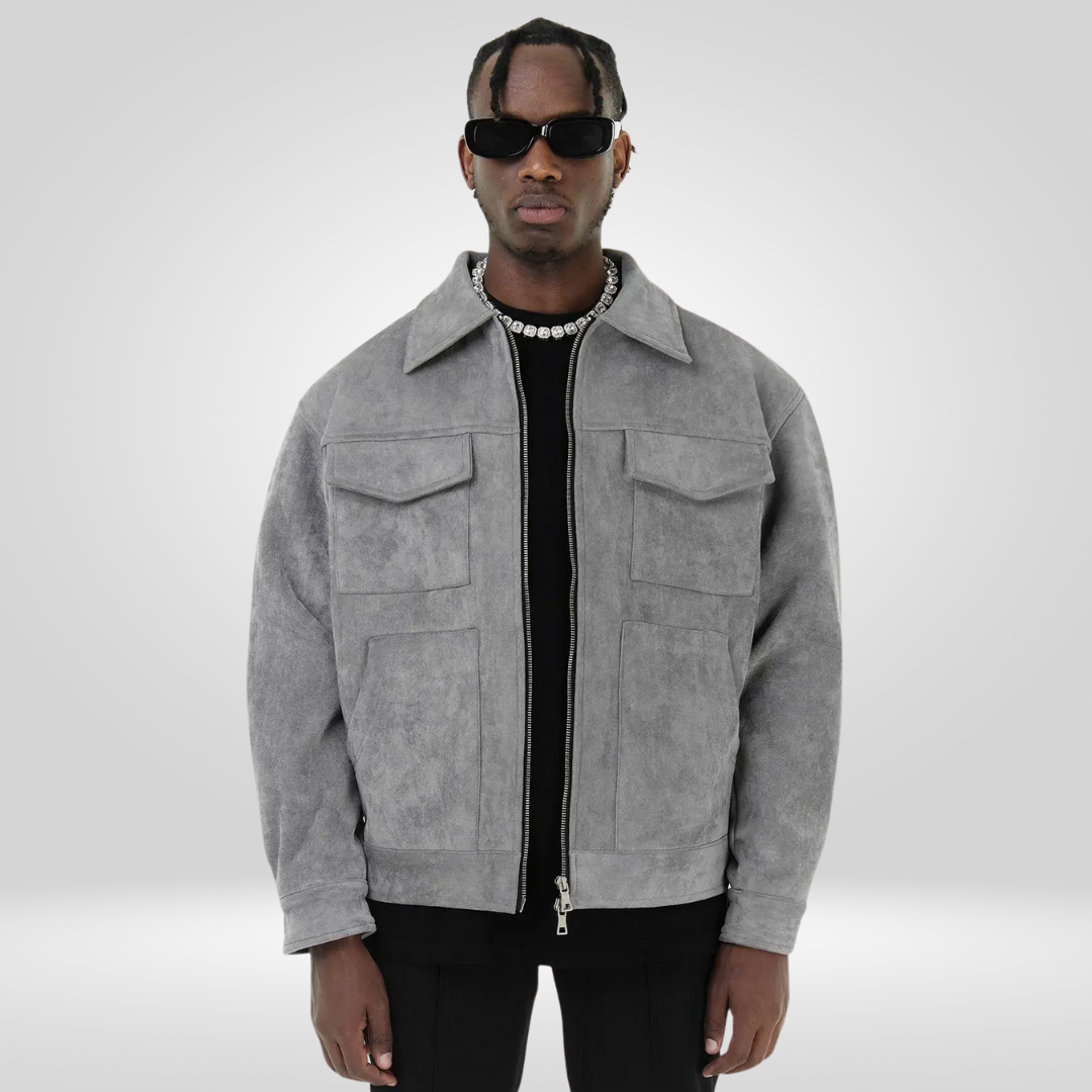 Men's Leather Jacket Zipper Collar Pockets