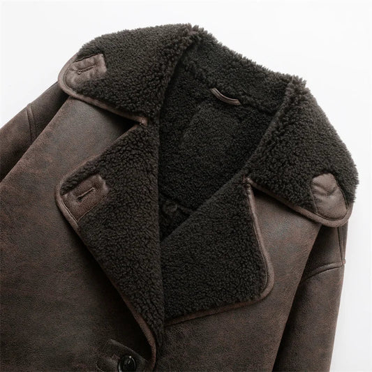 Übergroße Lammfelljacke Weinlese Stil - IdealeKleiden