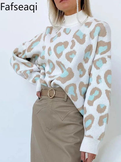 Chunky Turtleneck Sweaters Leopard Print Women